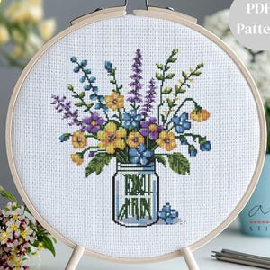 Wildflower Jar Cross Stitch Pattern, Wildflower Cross Stitch Pattern, Cross Stitch Flower Pattern, Easy Cross Stitch Pattern