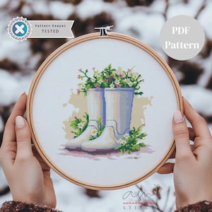Boots Flowers Cross Stitch Pattern, Spring Boots Cross Stitch Pattern, Cross Stitch Boots Pattern, Easy Cross Stitch Pattern
