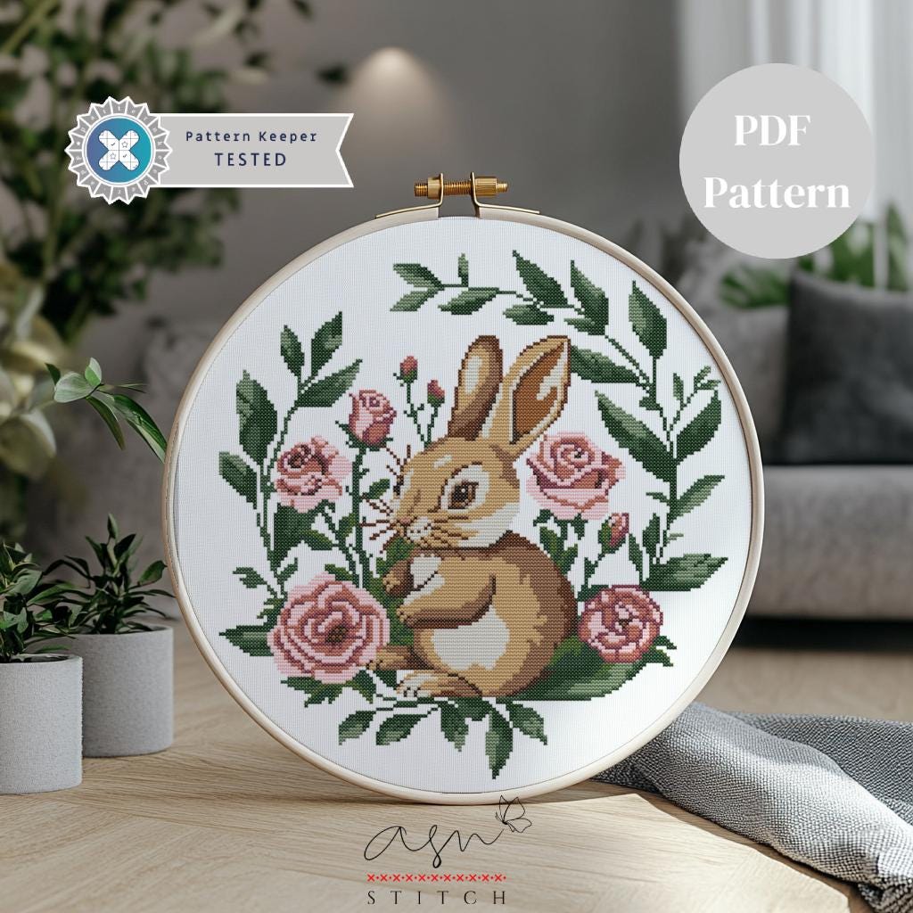 Bunny With Flower Cross Stitch Pattern, Cute Rabbit Cross Stitch ...