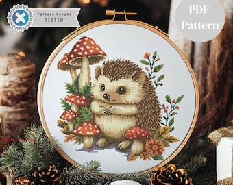 Hedgehog Cross Stitch Pattern, Hedgehog in a Woodland Cross Stitch Pattern, Cross Stitch Hedgehog With Mushroom, Easy Cross Stitch Pattern