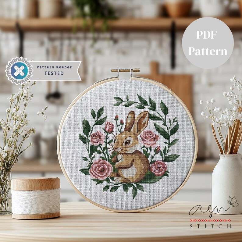 Bunny With Flower Cross Stitch Pattern, Cute Rabbit Cross Stitch ...