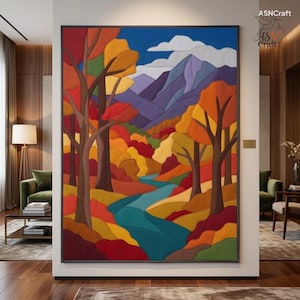 May include: A rectangular fabric wall hanging featuring a landscape scene with a winding blue river, colorful autumn trees in shades of red, orange, and yellow, and purple mountains under a blue sky with white clouds. The ASNCraft logo is visible.