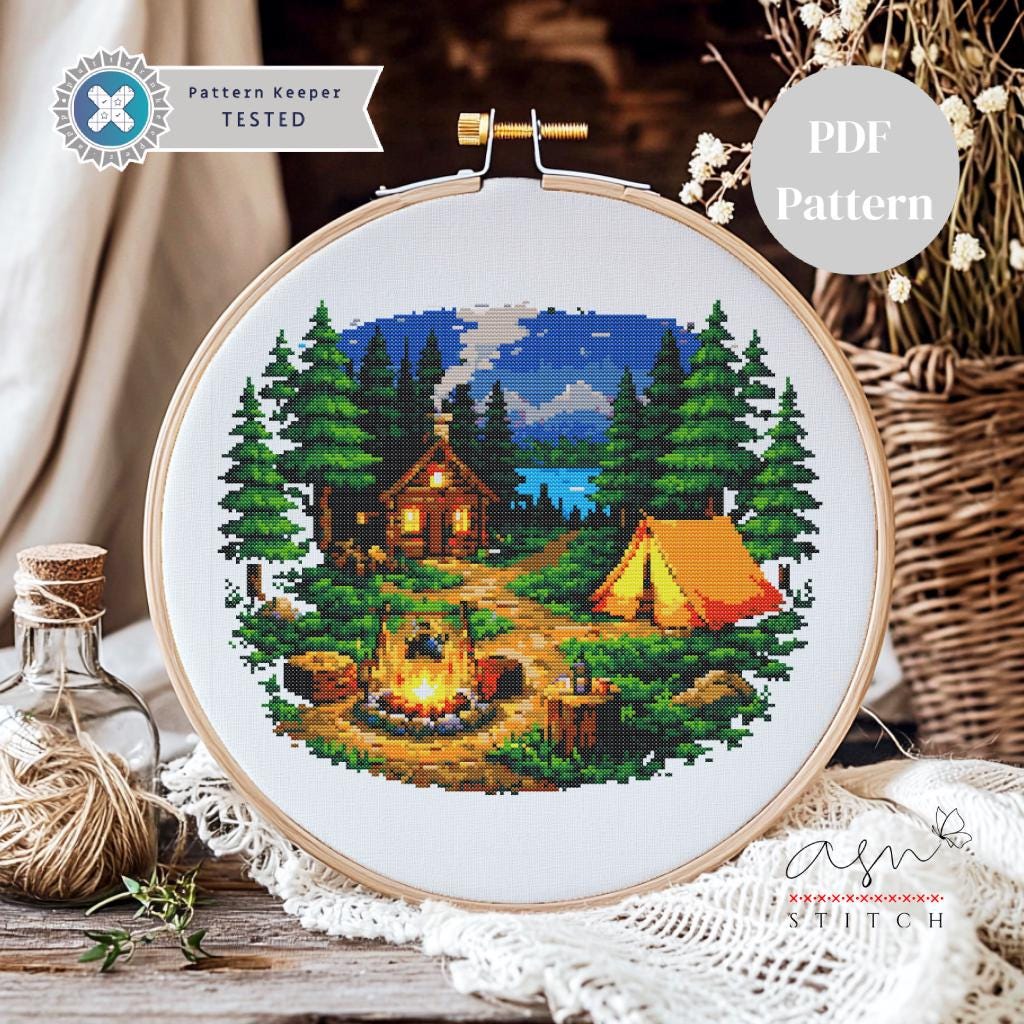 ヨーロッパ式刺繍絵タペストリー: A Cottage in the Forest Cozy Forest Cross Stitch Pattern PDF, Modern Counted Design Wall