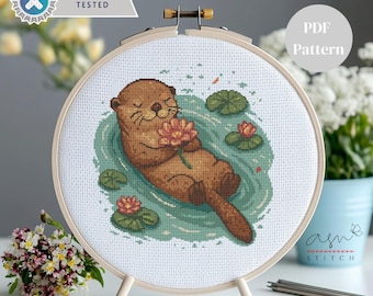 Cross Stitch Otter, Flower Otter Cross Stitch Pattern, Cross Stitch, Point De Croix, X-Stitch Kit, Punto De Cruz, Cross Stitch Pattern PDF