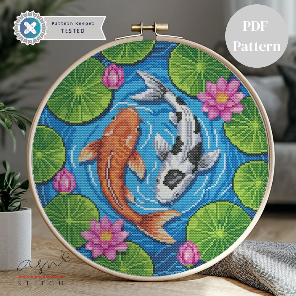 Koi Fish and Water Lily Cross Stitch Pattern, Cross Stitch Fish