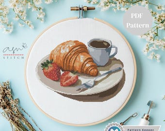 クロワッサンとコーヒーのクロスステッチパターン、簡単な朝食デザイン（PDFパターン）
