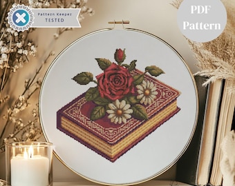 Book With Flowers Cross Stitch Pattern (PDF), Floral Book Design For Book Lover Gift