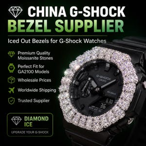 May include: A black G-Shock watch featuring a custom octagonal bezel encrusted with numerous clear, sparkling moissanite stones. The text on the image reads: CHINA G-SHOCK BEZEL SUPPLIER, Iced Out Bezels for G-Shock Watches, Premium Quality Moissanite Stones, Perfect Fit for GA2100 Models, Wholesale Prices, Worldwide Shipping, Trusted Supplier, DIAMOND ICE, UPGRADE YOUR G-SHOCK.