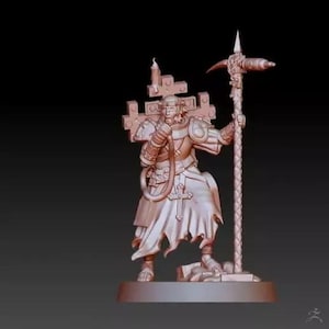 May include: A detailed miniature figurine of a religious figure wearing a robe and holding a staff. The figure is standing on a base with a textured surface. The figurine is painted in a light brown color.