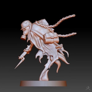 May include: A 3D-rendered figurine of a figure in a gas mask and helmet, draped in a flowing cloak. The figure carries a weapon and is adorned with a chain and a satchel. The figurine is a light brown color and stands on a circular base.