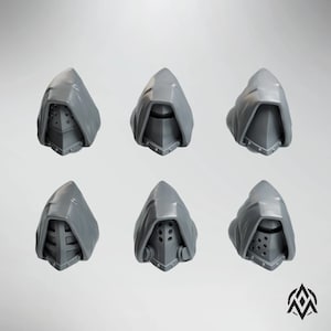 May include: Six gray, hooded helmet miniatures. Each helmet features a different design for the face mask, including variations with vents, rivets, and a visor. The hoods are draped over the helmets, creating a medieval or fantasy aesthetic.