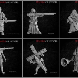 May include: Six miniature figures in various poses, each holding a weapon. The figures are made of gray plastic and are detailed with intricate designs. The figures are all wearing armor and robes. The figures are all standing on a black background. The text "OMNIOJI MINIATURES" is visible at the top of each image.