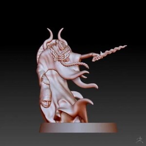 May include: A detailed 3D printed miniature of a female figure with horns, wearing a flowing robe and holding a staff. The figure is posed in a dynamic stance, with the robe billowing behind her.