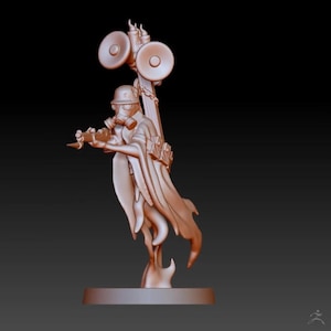 May include: A 3D-printed figurine of a figure wearing a gas mask, helmet, and cape, holding a weapon. The figure is mounted on a round base, with a tall structure behind it featuring two large speakers and flames.