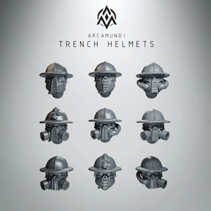 May include: Nine gray trench helmets with various respirator designs are displayed. Each helmet has a wide brim and a detailed face mask. The text "ARCAMUNDI TRENCH HELMETS" is printed above the helmets.