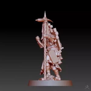 May include: A miniature figurine of a warrior holding a spear and a shield. The figurine is made of a light brown plastic and is standing on a circular base.