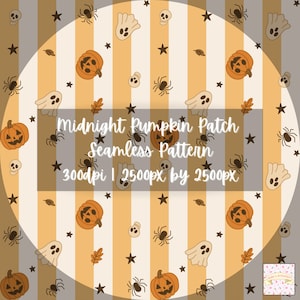 May include: A seamless pattern with a Halloween theme. The design features orange jack-o'-lanterns, white ghosts, black spiders, and brown leaves scattered across a striped background. The text "Midnight Pumpkin Patch Seamless Pattern" is displayed.