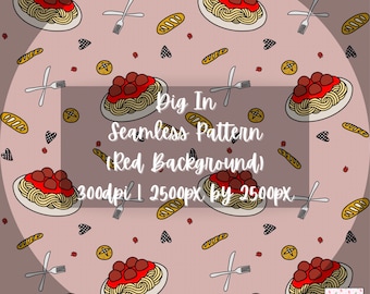Dig In (Red Background) | Seamless Pattern | Spaghetti • French Bread