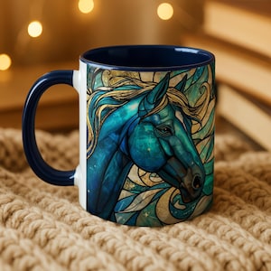 Mystical Horse Mug, Stained Glass Celestial Coffee Cup, Blue & Gold Spirit Animal Mug, Energy Art Mug, Gift for Horse Lovers image 1