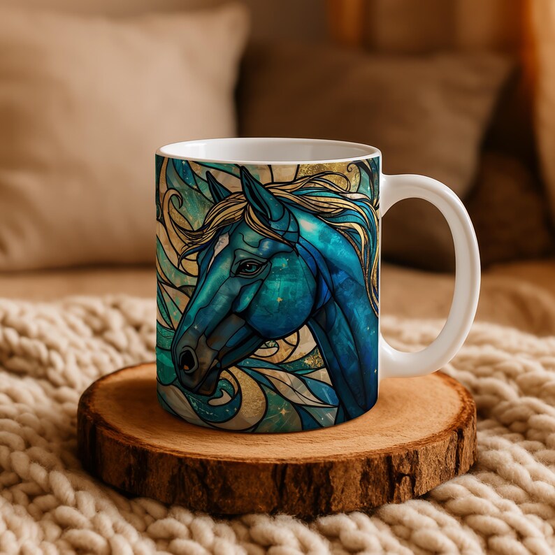 Mystical Horse Mug, Stained Glass Celestial Coffee Cup, Blue & Gold Spirit Animal Mug, Energy Art Mug, Gift for Horse Lovers image 2