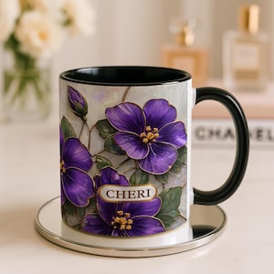 Violet Birth Flower Mug, Personalized Stained Glass Floral effect Coffee Cup, Botanical Gift