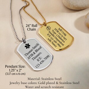 May include: Two medical alert dog tags on ball chains. One is gold-plated, the other stainless steel. The tags display medical information, including names, conditions, and emergency contact numbers. The pendant size is 3.17 cm x 6 cm.