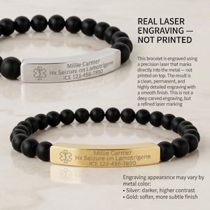 May include: Two medical alert bracelets with black beads and engraved metal plates. One bracelet has a silver plate, the other gold. The plates display medical information, including a name, medical condition, and emergency contact number. The text reads "REAL LASER ENGRAVING - NOT PRINTED."
