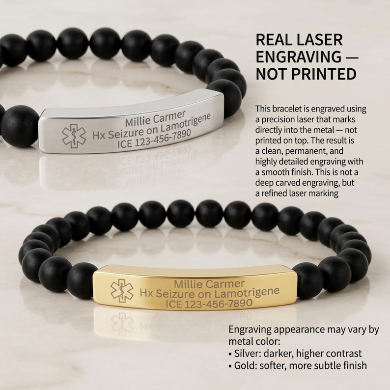 May include: Two medical alert bracelets with black beads and engraved metal plates. One bracelet has a silver plate, the other gold. The plates display medical information, including a name, medical condition, and emergency contact number. The text reads "REAL LASER ENGRAVING - NOT PRINTED."