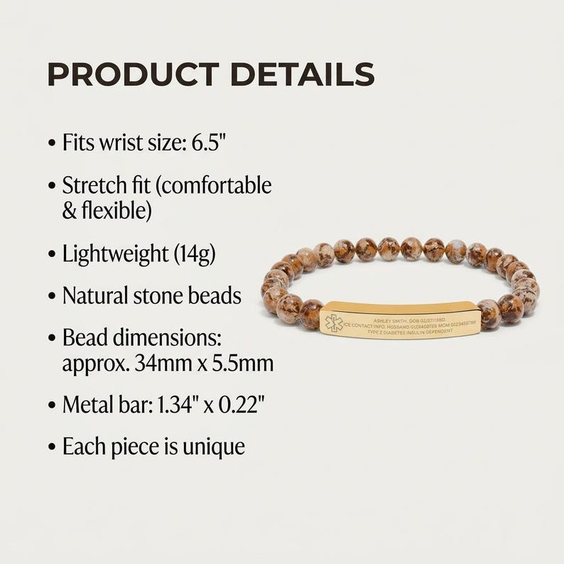 May include: A beaded bracelet with natural stone beads and a gold-coloured metal bar. The bracelet fits a wrist size of 16.5 cm and has a metal bar that is 3.4 cm x 0.56 cm. The bracelet is lightweight and flexible.