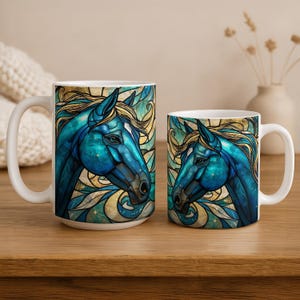 Mystical Horse Mug, Stained Glass Celestial Coffee Cup, Blue & Gold Spirit Animal Mug, Energy Art Mug, Gift for Horse Lovers image 4