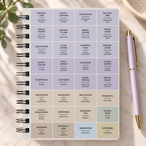 May include: A spiral-bound notebook featuring a grid of medication names, brand names, and conditions printed in black text on light purple, beige, and blue rectangular blocks. A light purple ballpoint pen with gold accents rests beside the notebook.