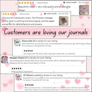 May include: A collage of customer reviews for journals featuring five-star ratings, text testimonials, and small product photos. The central text reads Customers are loving our journals, surrounded by pink heart graphics on a light pink background.