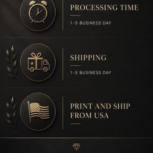 May include: A black graphic with gold text and icons. Three circular icons feature an alarm clock, a gift-wrapped truck, and a United States flag. Text includes PROCESSING TIME 1-5 BUSINESS DAY, SHIPPING 1-5 BUSINESS DAY, PRINT AND SHIP FROM USA, and THANK YOU FOR SUPPORTING OUR SMALL BUSINESS.
