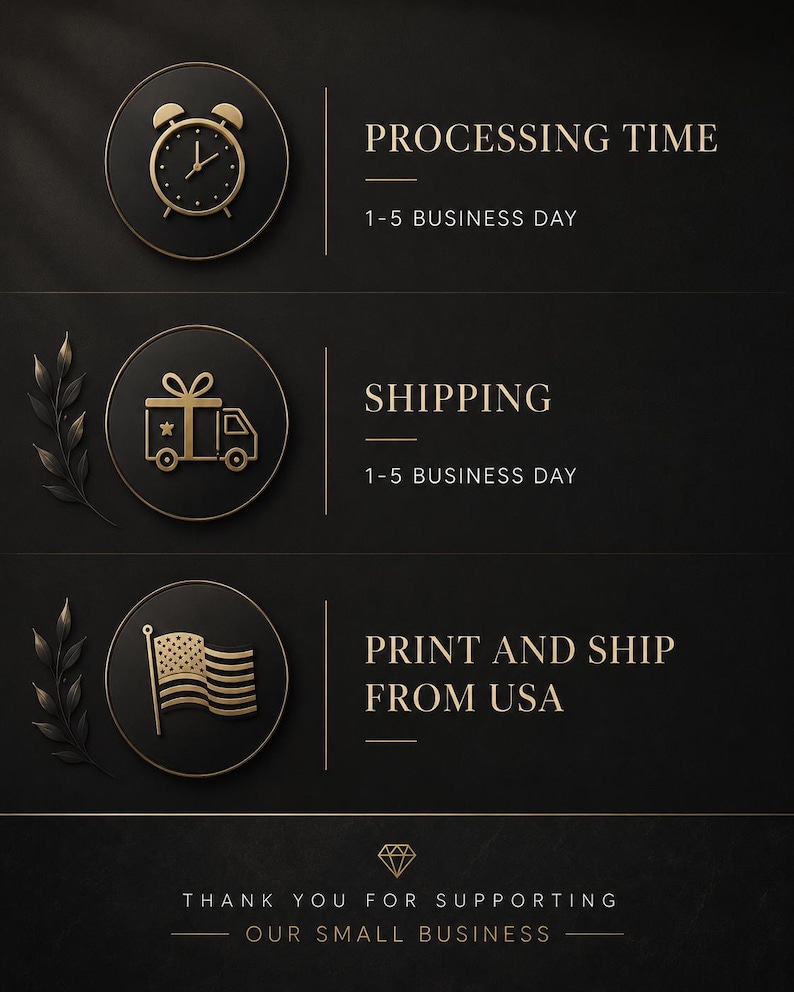 May include: A black graphic with gold text and icons. Three circular icons feature an alarm clock, a gift-wrapped truck, and a United States flag. Text includes PROCESSING TIME 1-5 BUSINESS DAY, SHIPPING 1-5 BUSINESS DAY, PRINT AND SHIP FROM USA, and THANK YOU FOR SUPPORTING OUR SMALL BUSINESS.