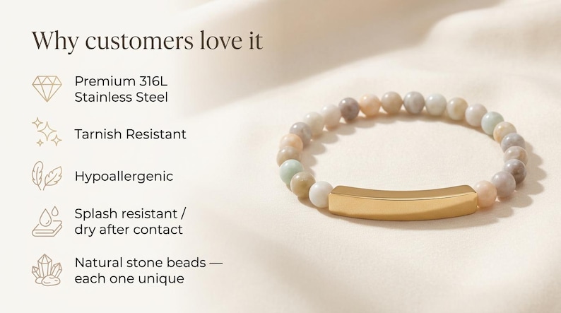 May include: A bracelet with natural stone beads in neutral tones and a gold-coloured rectangular centrepiece. The image includes text highlighting features such as stainless steel and hypoallergenic materials.