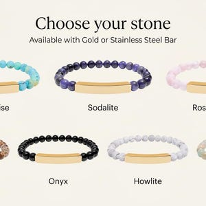 May include: A range of beaded bracelets with gold bars. The bracelets feature gemstones such as turquoise, sodalite, rose quartz, picture jasper, onyx, howlite, and amazonite. Text reads "Choose your stone" and "Available with Gold or Stainless Steel Bar."
