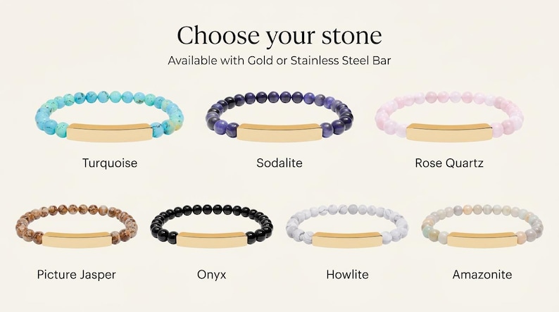May include: A range of beaded bracelets with gold bars. The bracelets feature gemstones such as turquoise, sodalite, rose quartz, picture jasper, onyx, howlite, and amazonite. Text reads "Choose your stone" and "Available with Gold or Stainless Steel Bar."