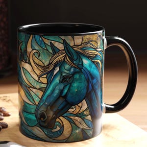 Mystical Horse Mug, Stained Glass Celestial Coffee Cup, Blue & Gold Spirit Animal Mug, Energy Art Mug, Gift for Horse Lovers image 5