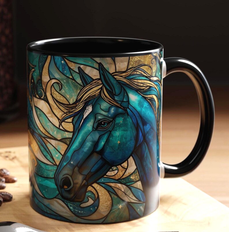 Mystical Horse Mug, Stained Glass Celestial Coffee Cup, Blue & Gold Spirit Animal Mug, Energy Art Mug, Gift for Horse Lovers image 5