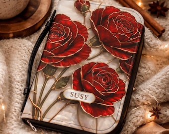 Bible Cover with stained Glass effect Red Rose, Zippered Bible Case, Elegant Christian Gift, Church & Prayer Group Accessory