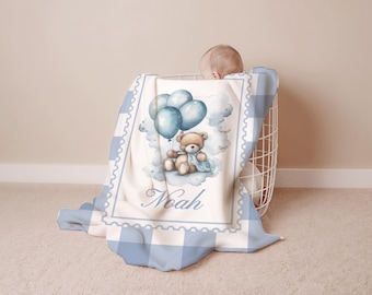 Personalized Teddy Bear Baby Blanket: Blue Gingham Minky or Sherpa Throw