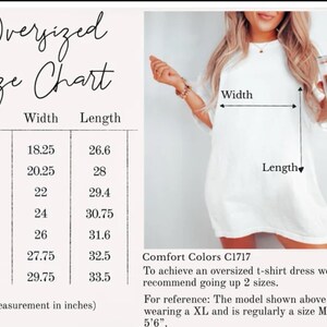 May include: White oversized t-shirt dress with a size chart. The chart lists sizes S to 4XL, with corresponding width and length measurements in inches. The model is wearing an XL and is regularly a size M.
