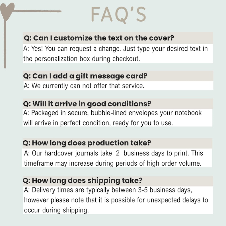May include: A light blue FAQ information graphic with a heart icon and dark text. It lists questions and answers regarding text customization, gift messages, packaging conditions, production timeframes, and shipping durations for journals.