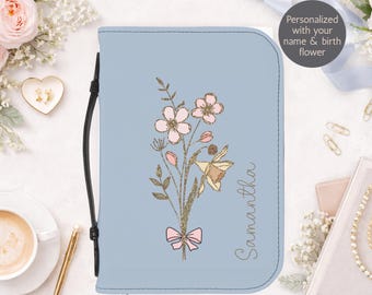 Personalized Floral Bible Cover with Name, Birth Flower Design, Zippered Bible Case for Women & Girls, Christian Gift