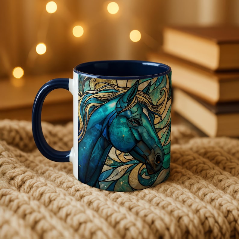 Mystical Horse Mug, Stained Glass Celestial Coffee Cup, Blue & Gold Spirit Animal Mug, Energy Art Mug, Gift for Horse Lovers image 1