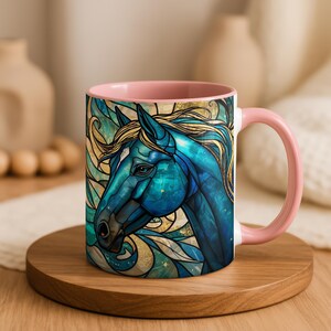 Mystical Horse Mug, Stained Glass Celestial Coffee Cup, Blue & Gold Spirit Animal Mug, Energy Art Mug, Gift for Horse Lovers image 3