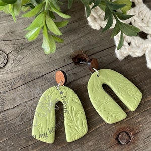 Textured Green Arch Wood Post Polymer Clay Earrings