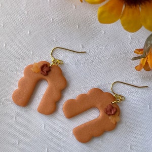 Fall Leaves Pumpkin Colored Fancy Arch and Gold French Wire Polymer Clay Earrings