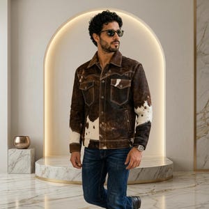 Men's Brown Cowhide Patchwork Leather Jacket, Handmade Western Cowboy Style Outerwear