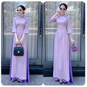 Pre-made Ao Dai Viet Nam, Purple Brocade Ao Dai Dress | Traditional Vietnamese Gown | Lunar New Year Wedding Mother Dress | Graceful Spring